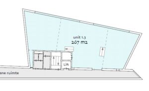 Plattegrond van unit 1.3 aan de Fred. Roeskestraat met een oppervlakte van 267 m² en lifttoegang.